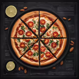 pizza pie with different toppings arranged in the middle