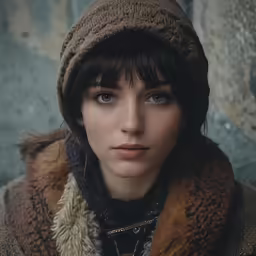 a person with blue eyes wearing a hat and coat