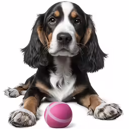 a brown and white dog sitting next to a pink ball
