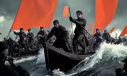 the cover of a game with many men in a boat surrounded by flags