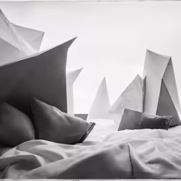 a bed with three pillows and five different shapes