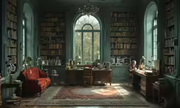 a person sitting at a computer in a large room