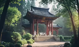 an oriental structure in the woods surrounded by trees