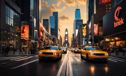 two taxi cabs are parked in front of the store front at sunset
