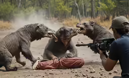 some animals are playing with a man on the ground
