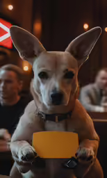 dog sitting at table and holding a sign with tongue hanging out