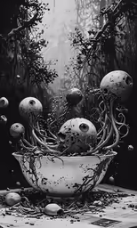 the bowl is surrounded by strange looking objects