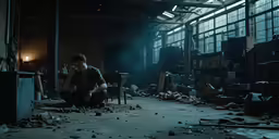 man sitting in the midst of debris in an industrial building