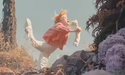 a young girl runs near a tree in the desert
