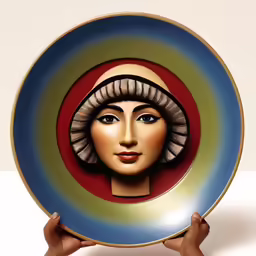 a hand holding up a plate with a painting on it