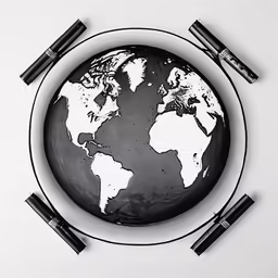 a black and white world on a plate with four black pens