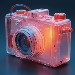 an illuminated camera sitting on top of a table