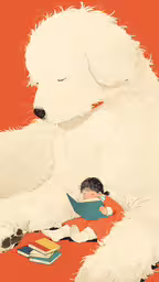 illustration of a man reading to a white dog,a dog lays in the floor next to a little boy
