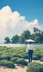 a person holding an umbrella walking on a grassy area