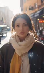 the young woman is standing in the cold weather
