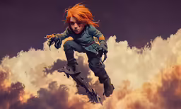 a female in an orange wig flying through the air