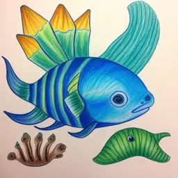 a drawing of blue fish with green plants,a drawing of an ocean fish sitting next to some seaweed