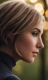 a woman with short blond hair looks off into the distance
