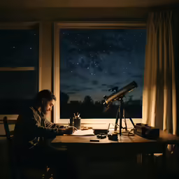 a man sitting at a table looking out the window at the sky