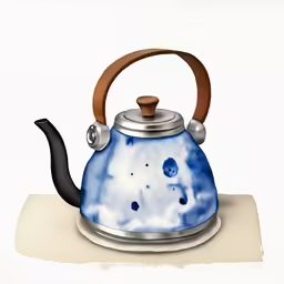an artistic painting shows a kettle with blue paint and wooden handle