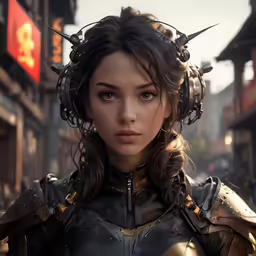 the female character has large, metal horns on her head
