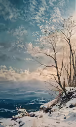 a snowy landscape with snow and a tree on top