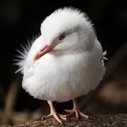 a white bird standing on a piece of wood