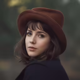 a woman with a brown hat looking at the camera