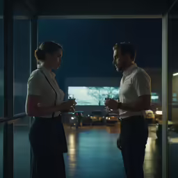 a man and woman stand at an open glass door with the lights on