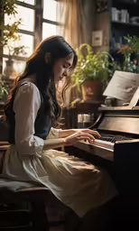 a young girl sitting at a piano playing the keyboard