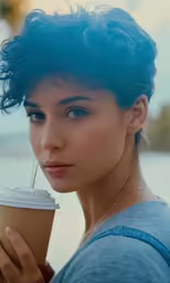 young girl with blue hair holding starbucks cup