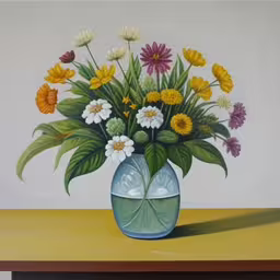 a painting of a vase of flowers on a table,a painting of many flowers on a table