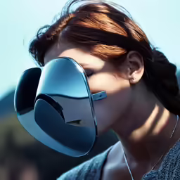 a woman is wearing a metallic face mask