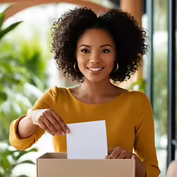smiling woman holding a card and envelope