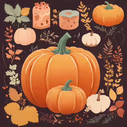 a group of pumpkins and fall leaves on a black background,a pumpkin surrounded by various decorations