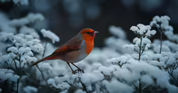 an orange and grey bird is standing on some snow