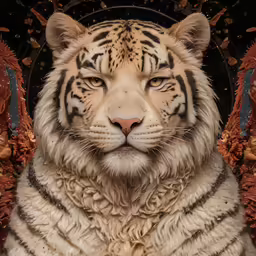 a white tiger has some orange leaves on it