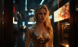 a beautiful blond woman posing in a gold dress