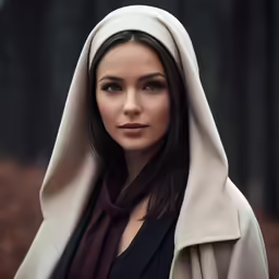 the young lady is dressed in robes and wearing a scarf
