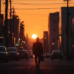 the sun is setting over an intersection as a man walks