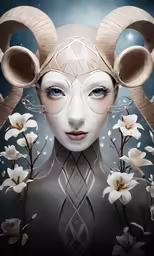 a portrait of a girl with white face paint and head decoration