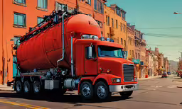 a painting of a red semi truck in the street,a large red semi truck on a city street