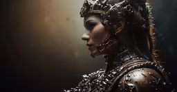 a woman with intricate head and shoulders wearing armor and chains