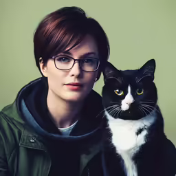 a woman poses with her cat in front of her