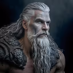 a man with white hair and beard wearing armor