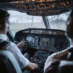 two people in the cockpit of a jet at night