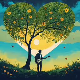 a man standing under a heart shaped tree with a guitar in front of a sunlit sky,a man with a guitar standing by a tree