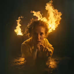 a young woman with long hair in a yellow dress sits in the midst of burning torches