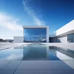 a building with a glass window reflecting water