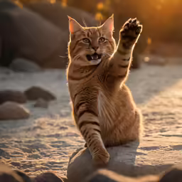 cat waving on rock in open area with sun setting